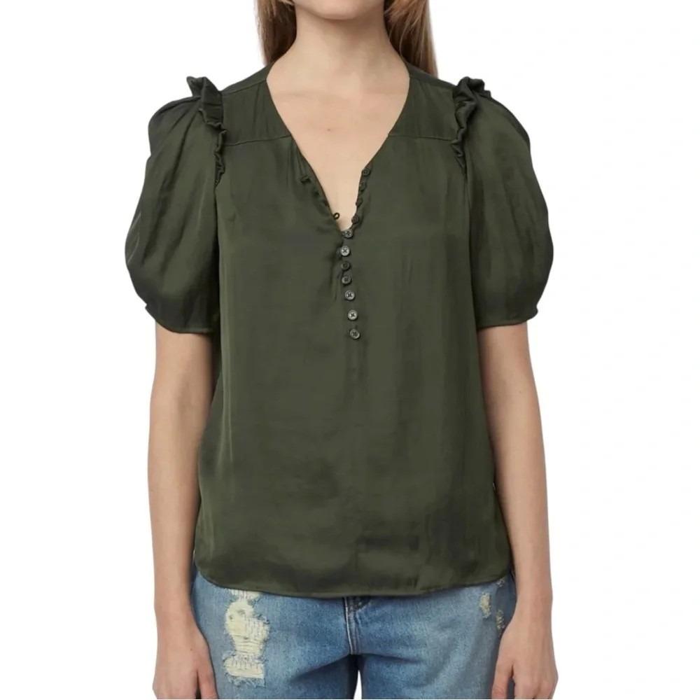 Zadig & Voltaire S Twity Satin Blouse Olive Green Ruffle V-Neck Puff Sleeve